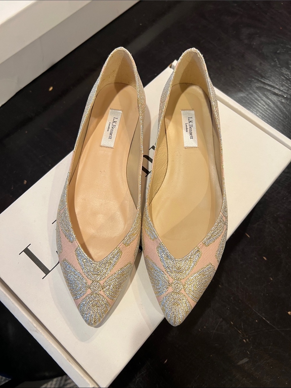 LK Bennett Pink and Silver Pointed Toe Embellished Flats